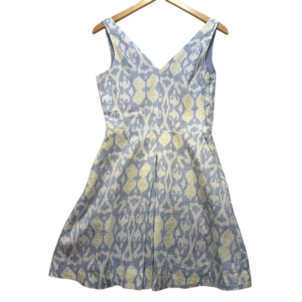 Gap Womens Sleeveless V-Neck Dress Size 2 Blue & Yellow Ikat Print 100% Linen